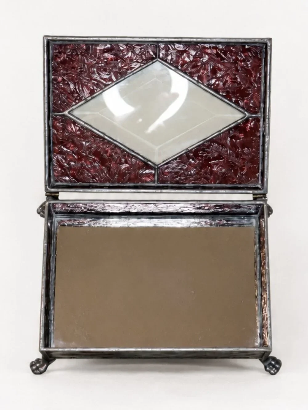 Handmade Stained Glass Jewelry Box with Beveled Glass Lid & Claw Feet